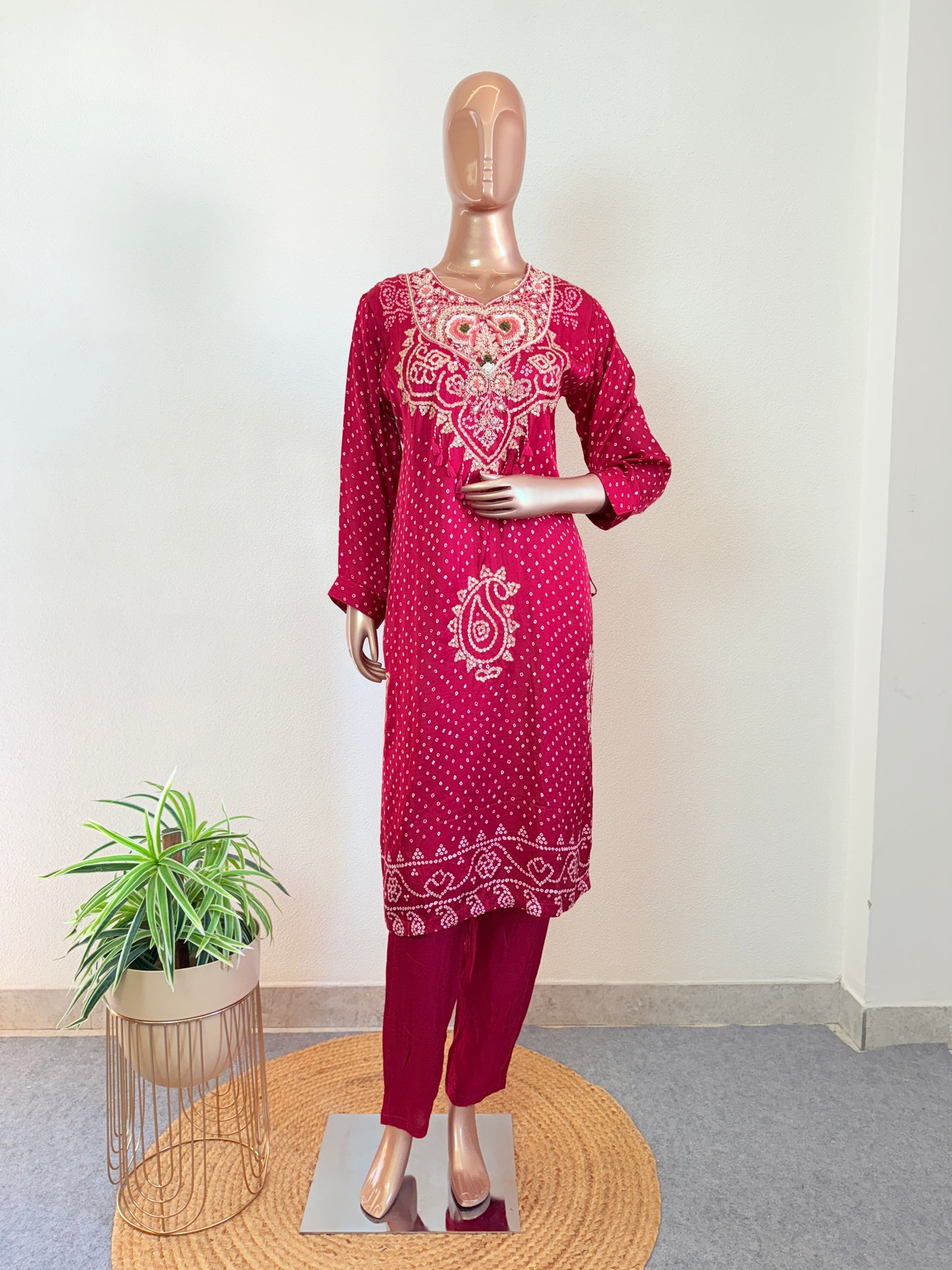 Modal Silk Bandhani Print Suit Set with Heavy work on Yoke