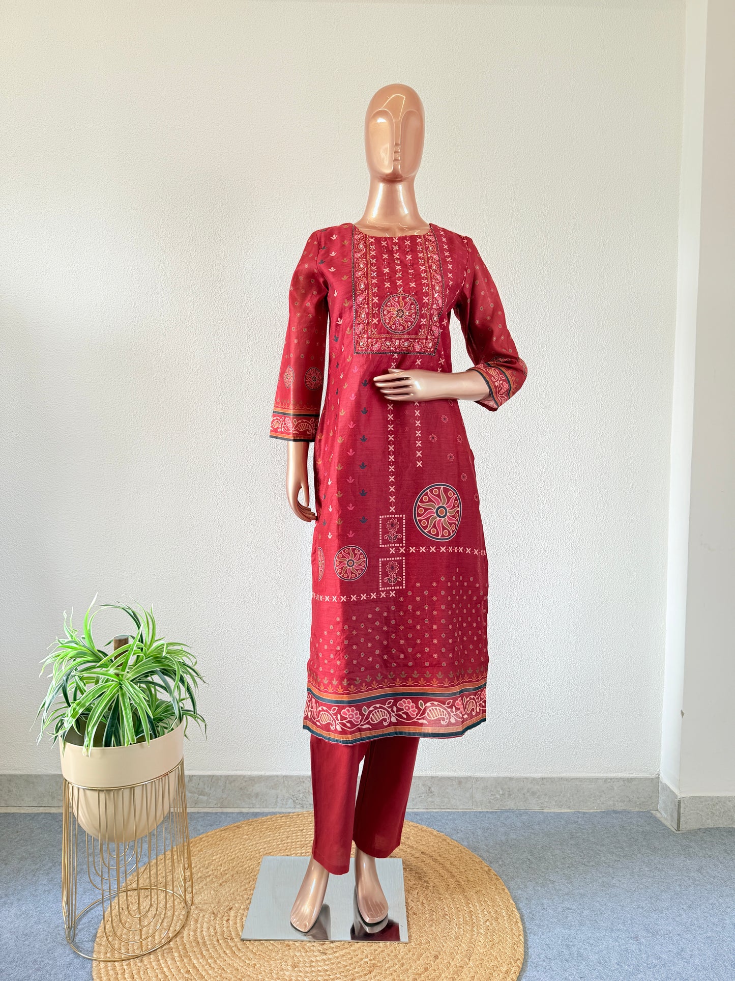 Chanderi Printed Suit Set With Hand Work on Yoke