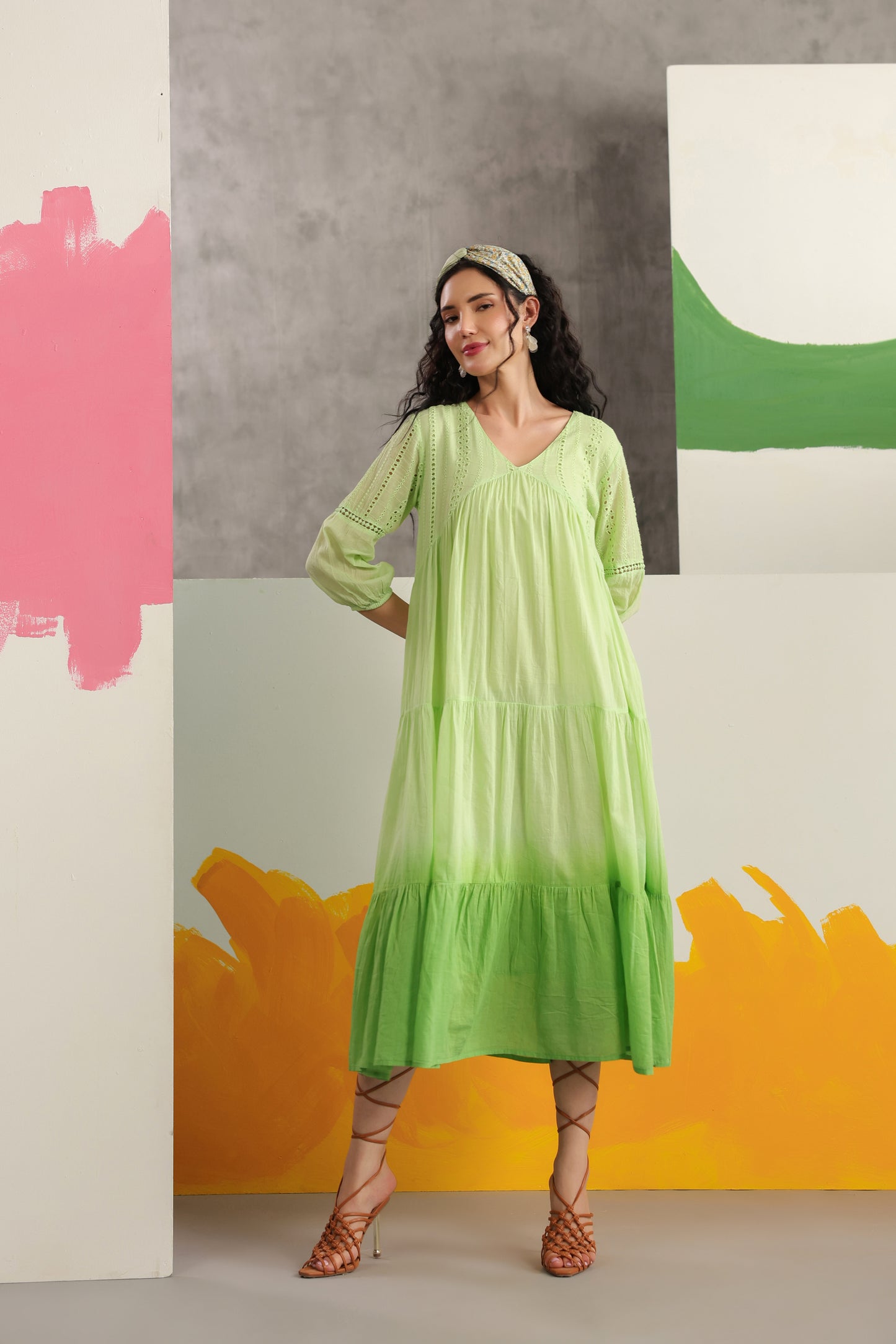 Dual Shade Ombre Dyed Schiffli Yoke Tiered Dress with Lace Inserts - Green