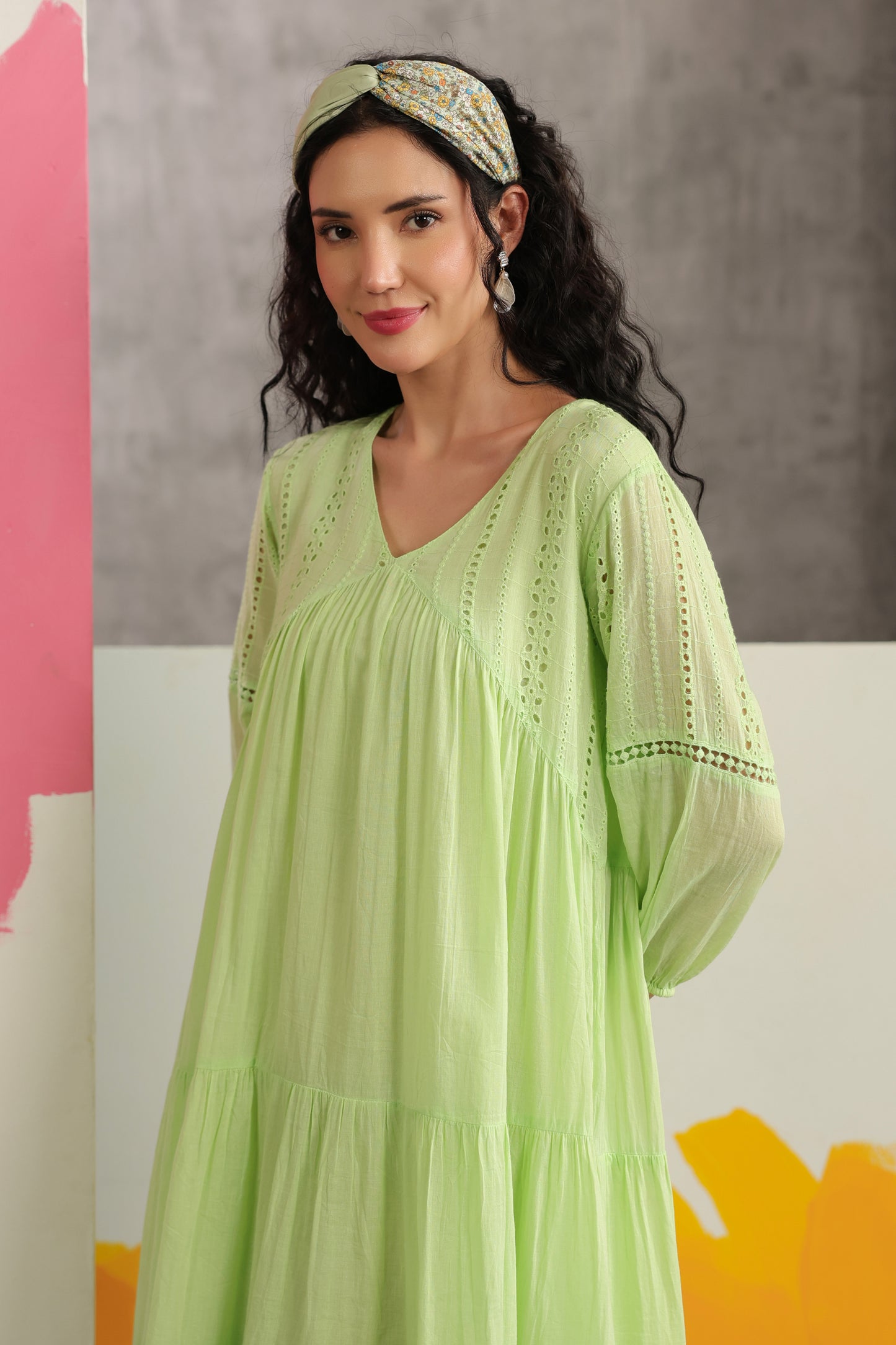 Dual Shade Ombre Dyed Schiffli Yoke Tiered Dress with Lace Inserts - Green