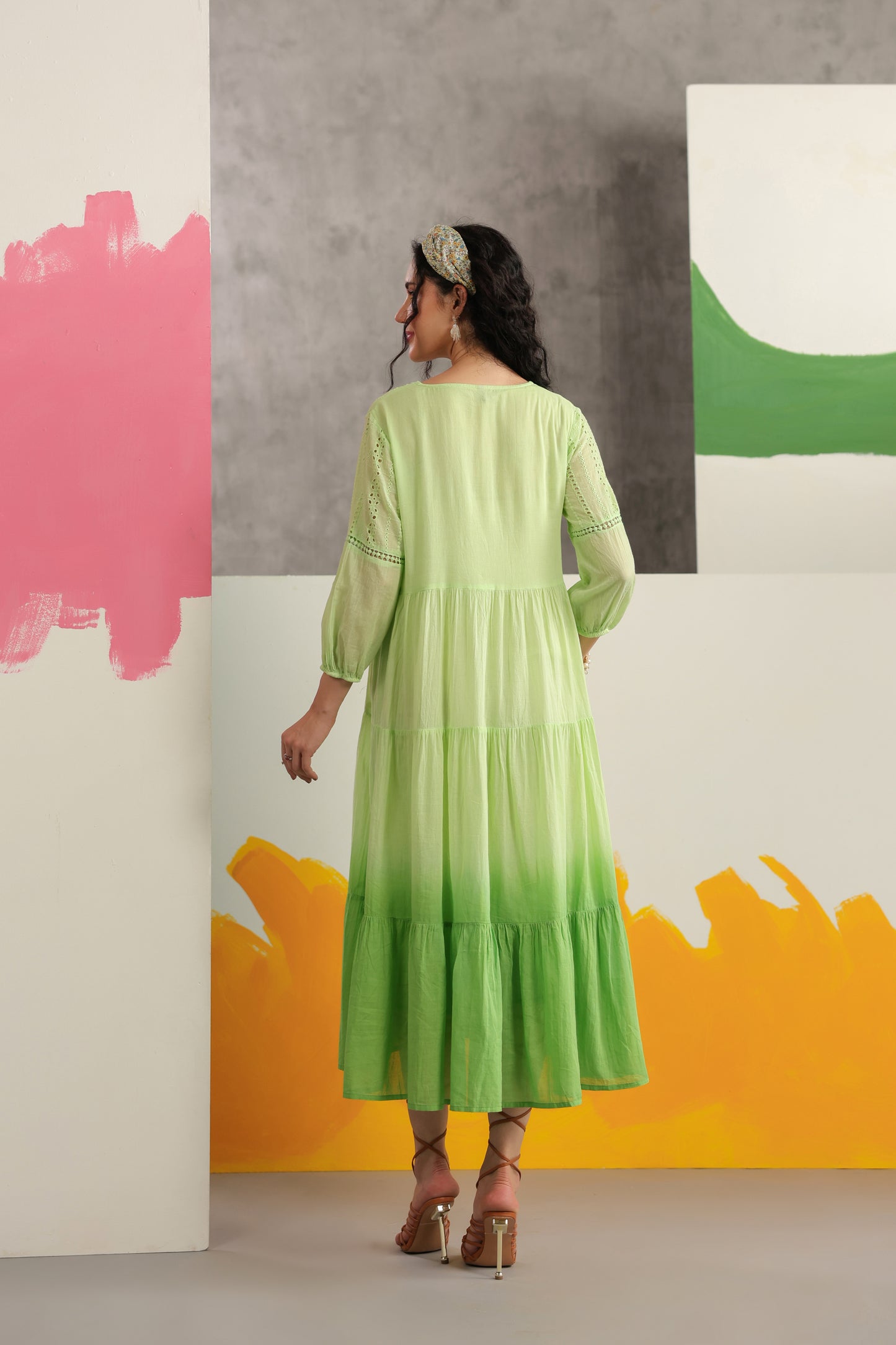 Dual Shade Ombre Dyed Schiffli Yoke Tiered Dress with Lace Inserts - Green