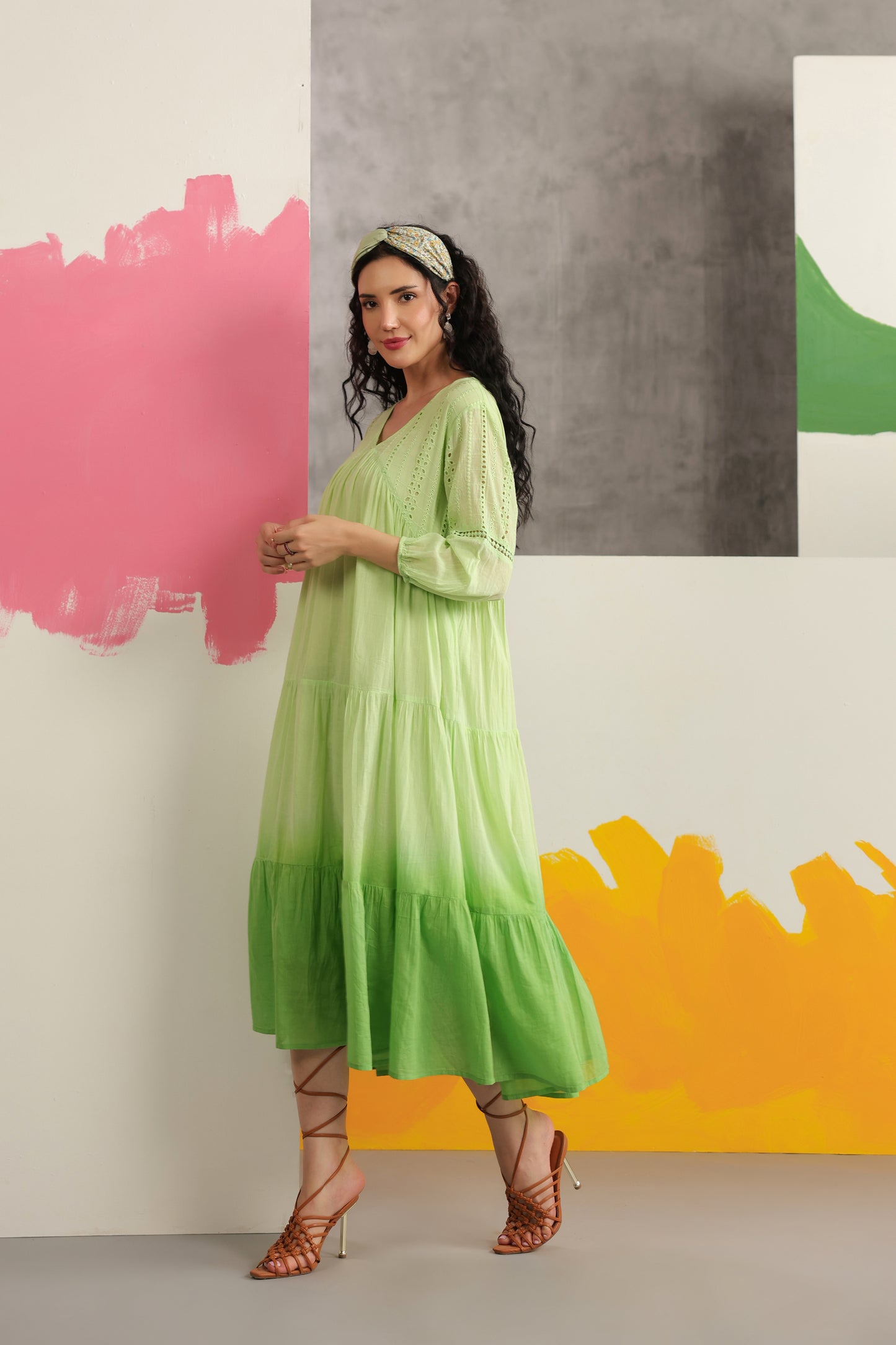 Dual Shade Ombre Dyed Schiffli Yoke Tiered Dress with Lace Inserts - Green