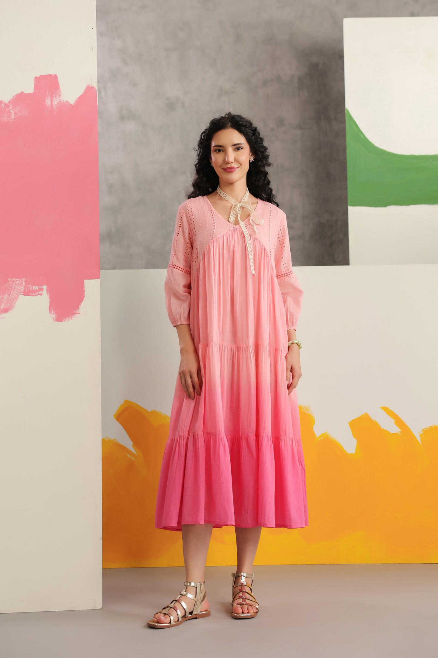 Dual Shade Ombre Dyed Schiffli Yoke Tiered Dress with Lace Inserts - Pink