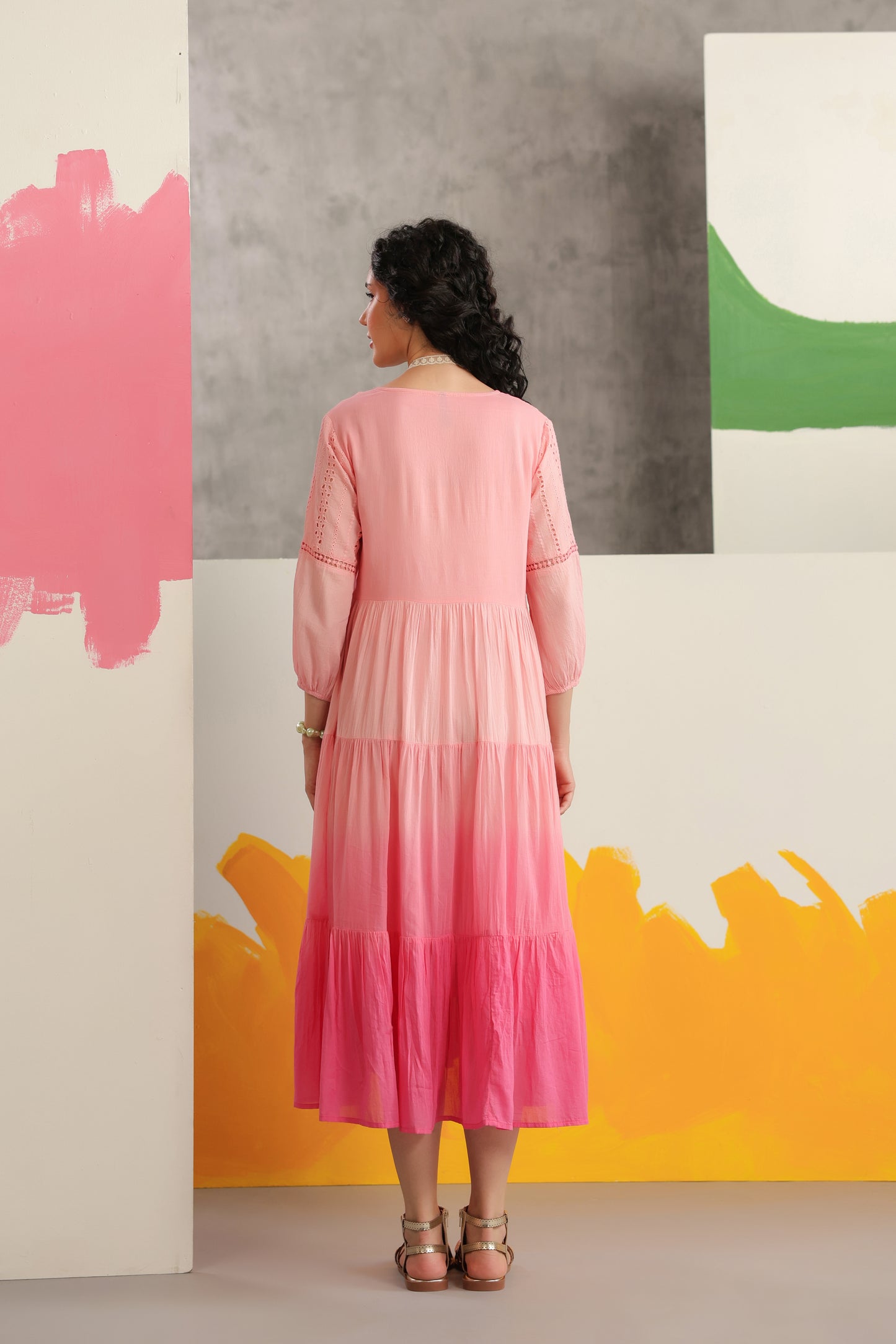 Dual Shade Ombre Dyed Schiffli Yoke Tiered Dress with Lace Inserts - Pink