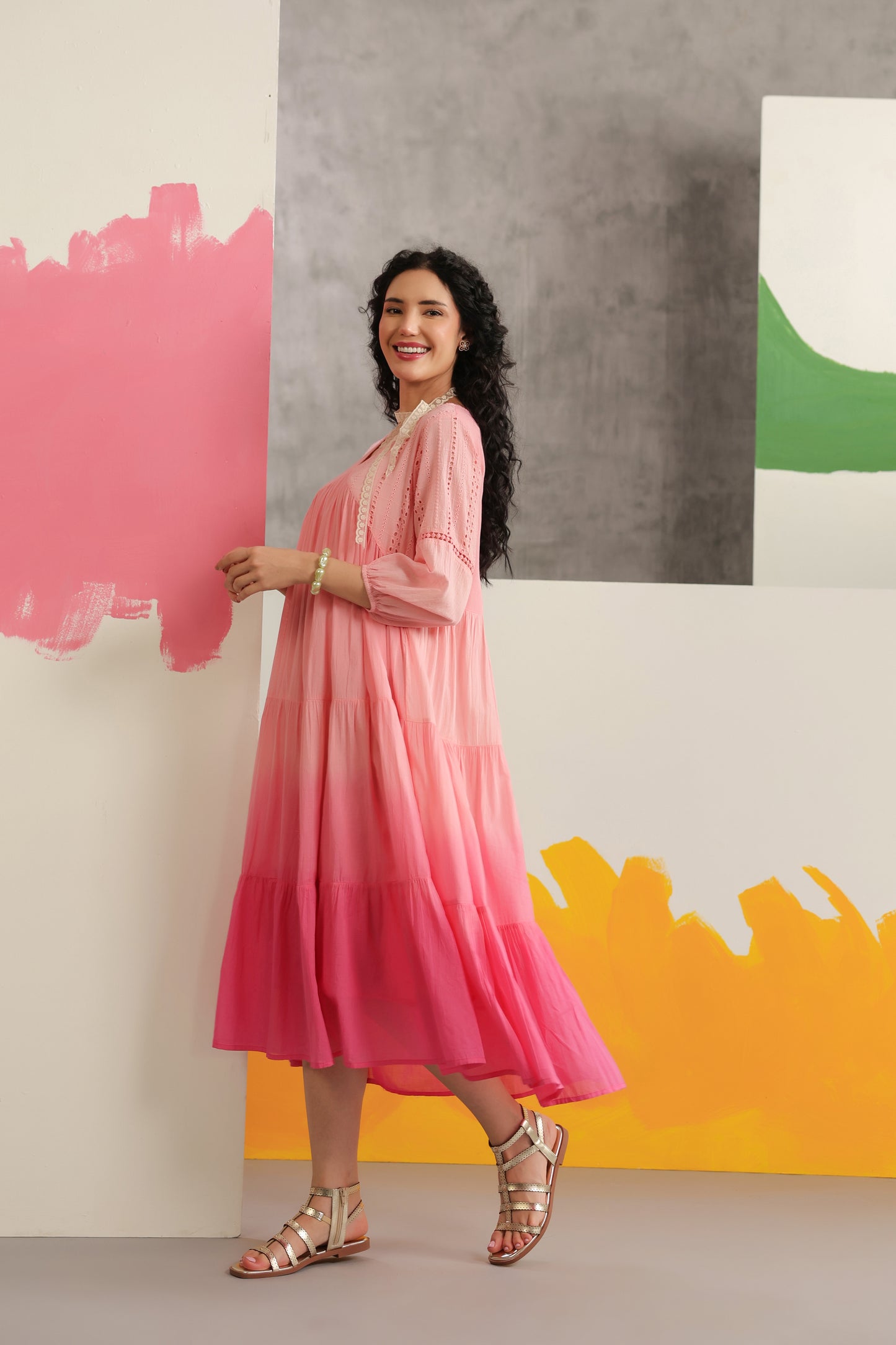Dual Shade Ombre Dyed Schiffli Yoke Tiered Dress with Lace Inserts - Pink