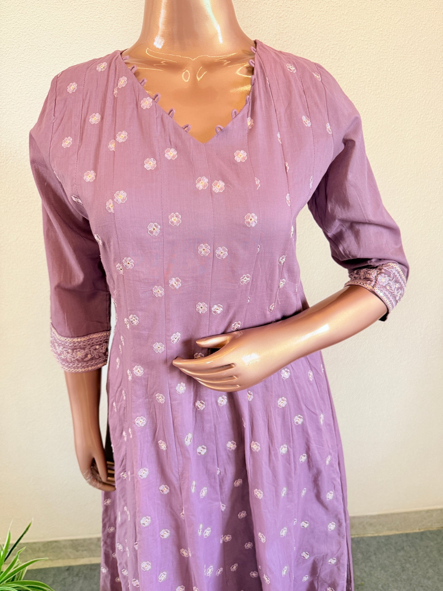 Embroidered Cotton Anarkali Set - Lavender