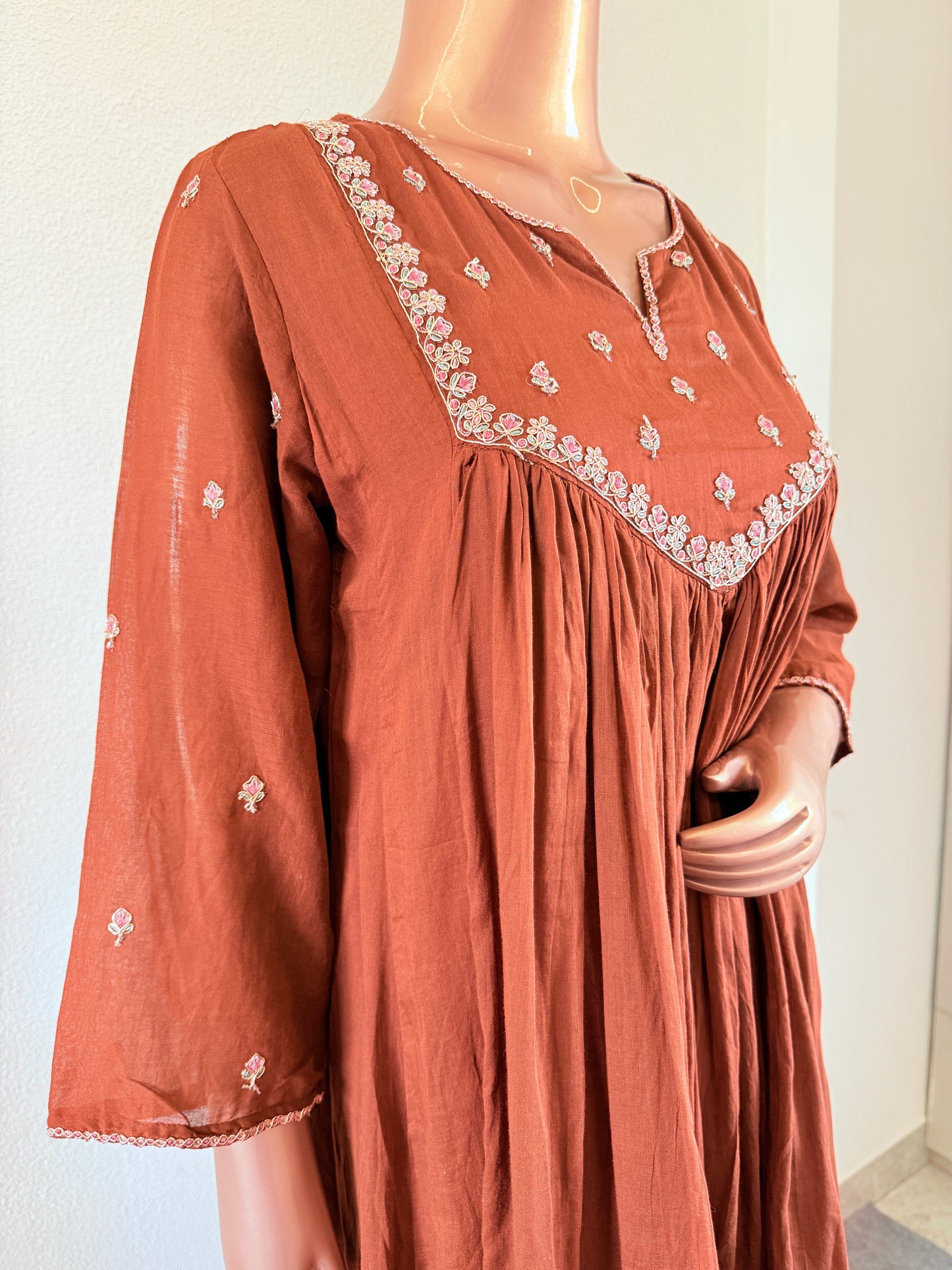 Mul Cotton Frock Suit with Zari Work - Brown