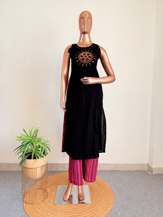 Mandala Mirror Work Black Kurta Set with Multicolor Palazzo