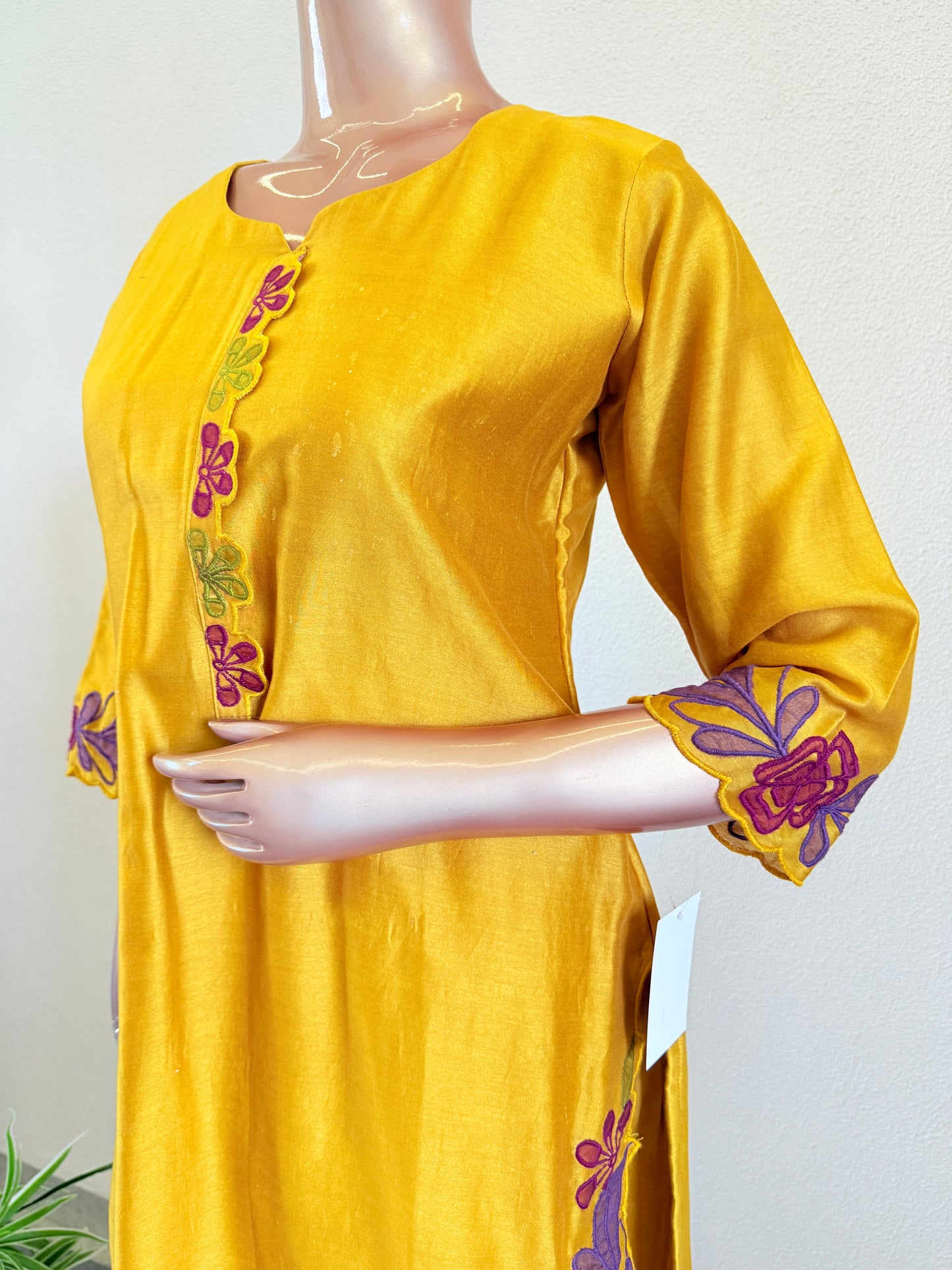 Designer Pure Silk Suit with Applique Work and Palazzo Pants with Organza Dupatta