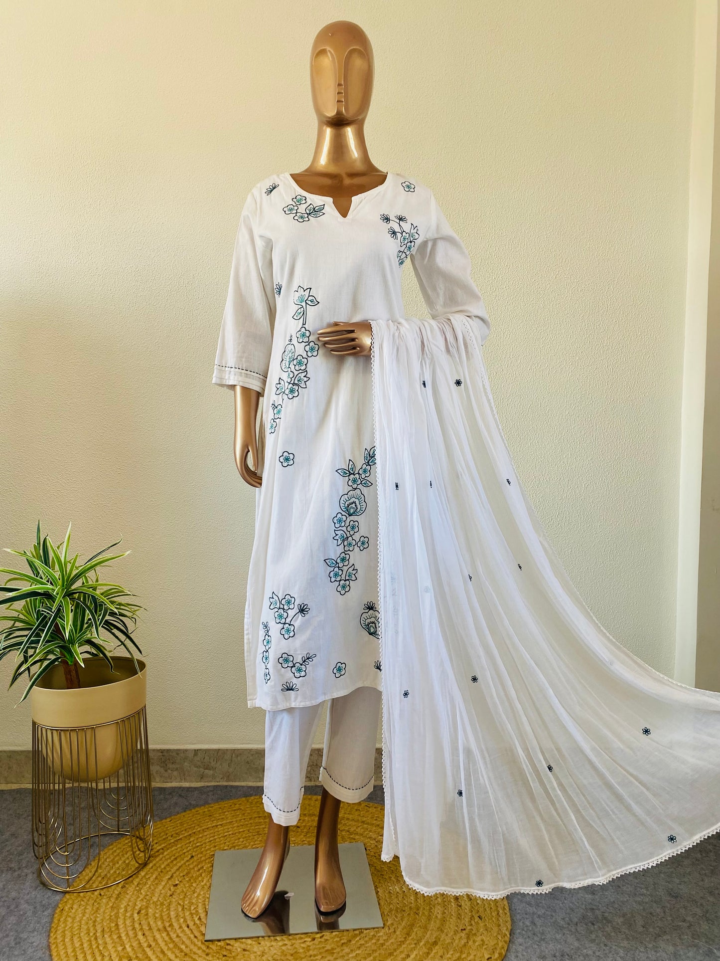 Pure White Cotton Flex Suit Set with Aari work