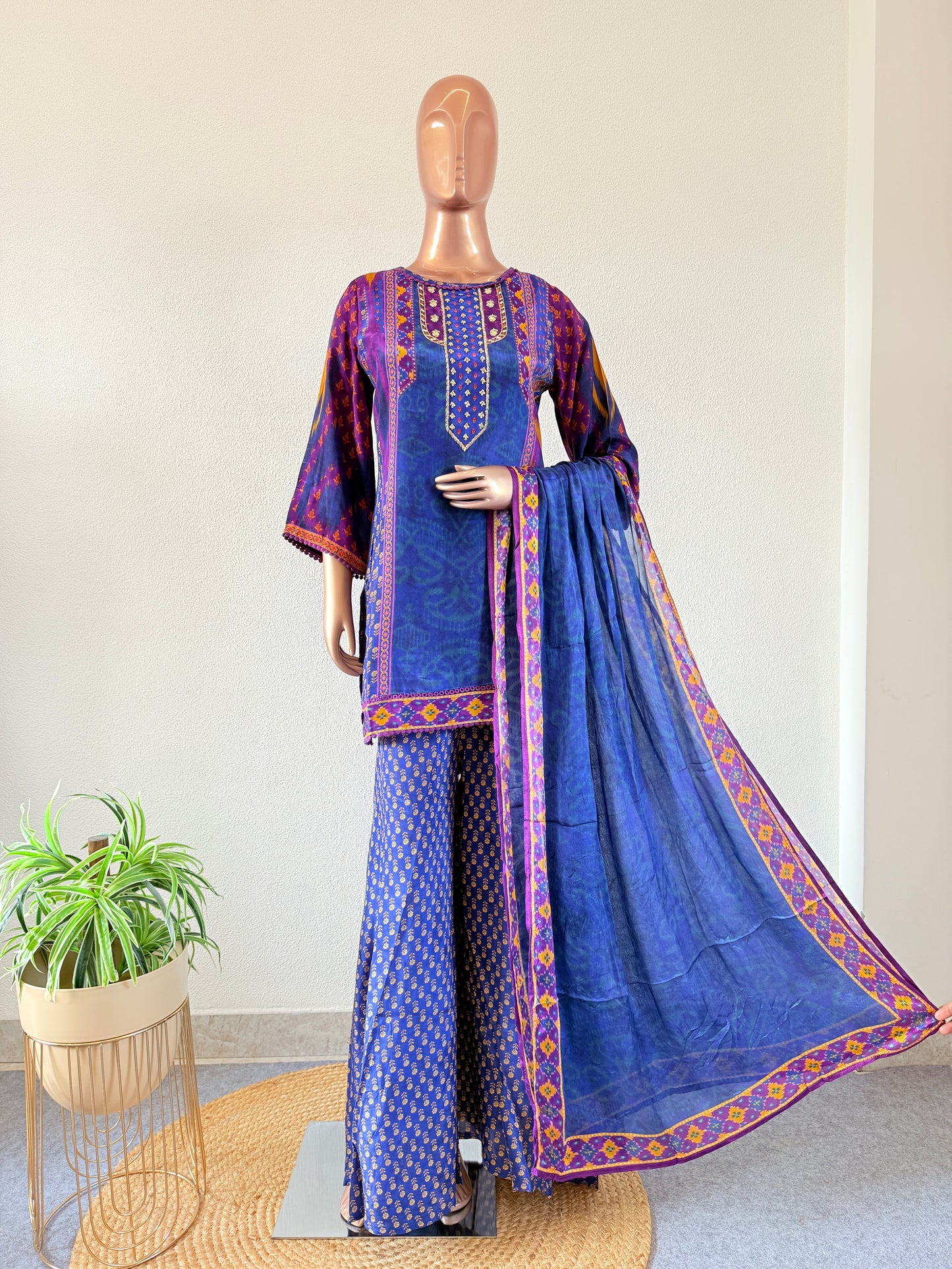 Ikkat Print Crepe Palazzo Set - Blue
