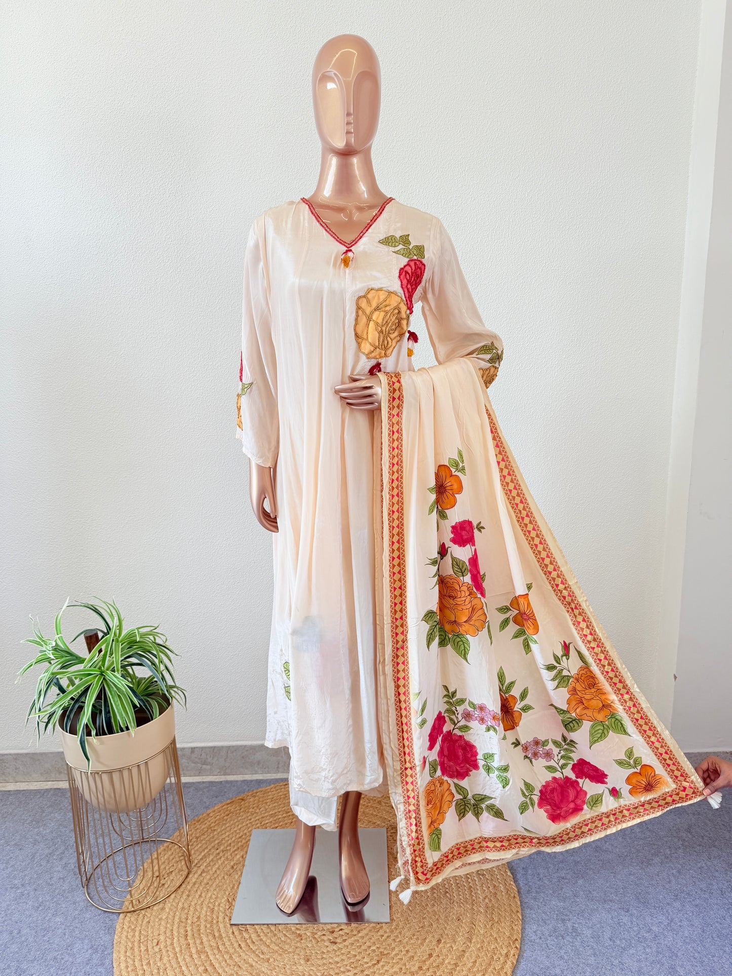 Crepe Anarkali Suit with Appliqué work and Printed Dupatta