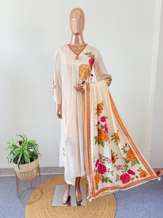 Crepe Anarkali Suit with Appliqué work and Printed Dupatta