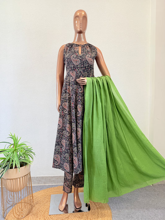 Halter Neck Block Print A-line Suit with Contrast Dupatta