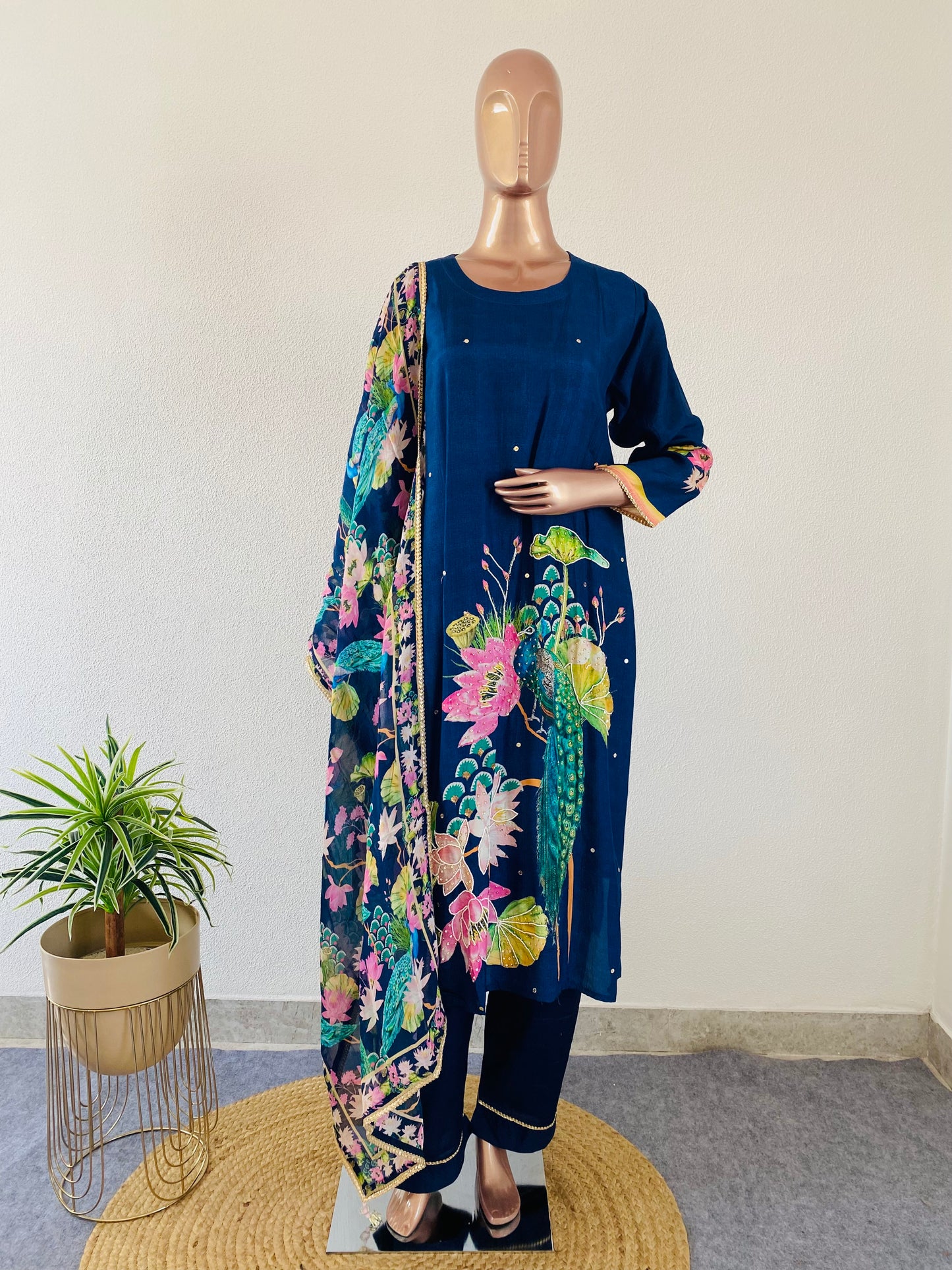 Peacock Print Muslin Silk Suit with Organza Dupatta