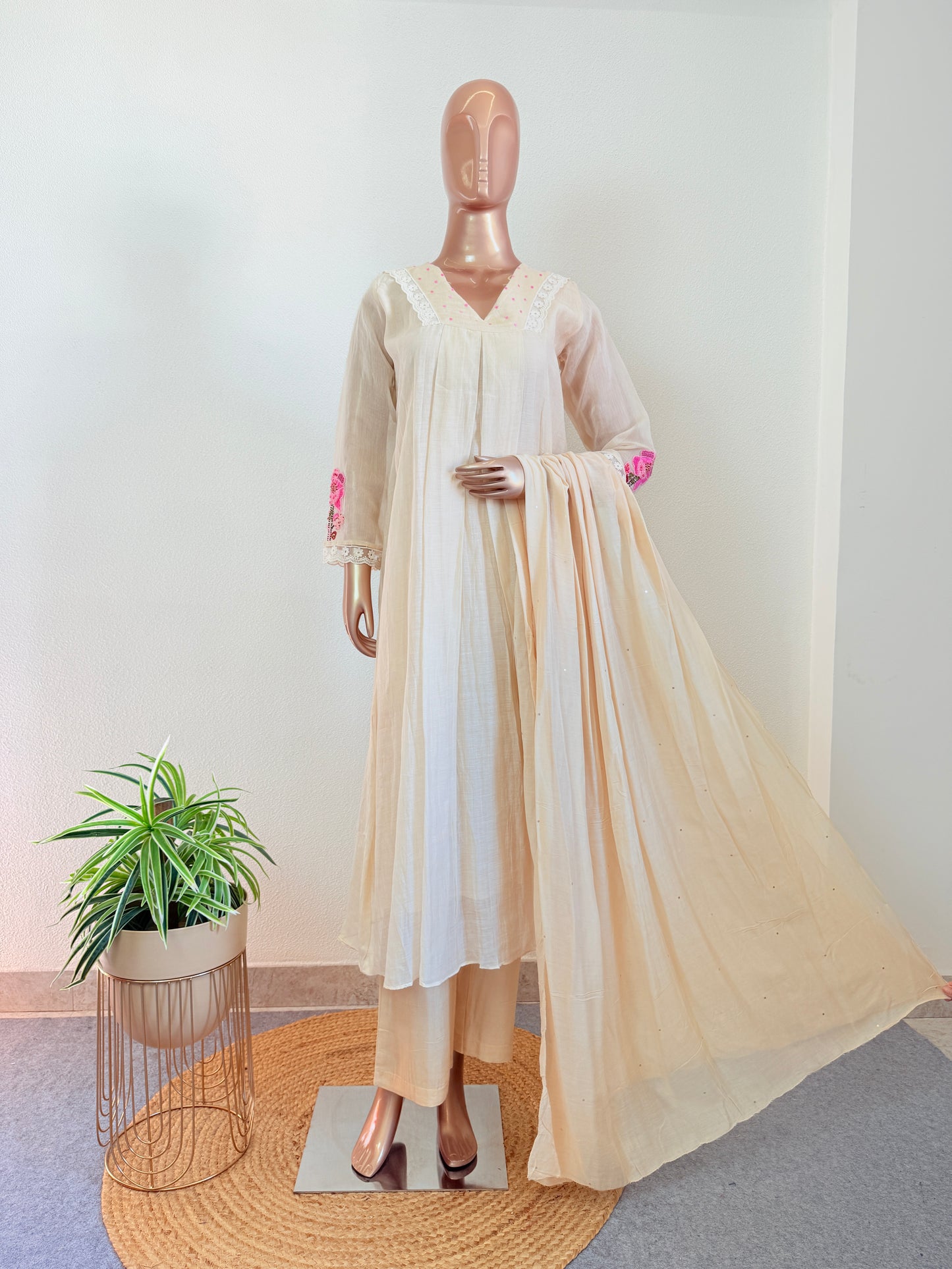 V Neck Line Hand Embroidered Mul Chanderi Suit Set