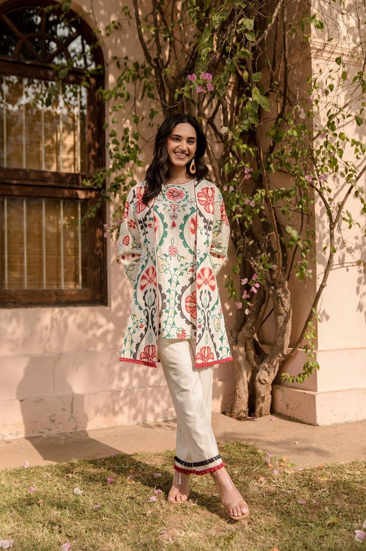 Cotton Flex Jacket 3 Piece Coord Set- White