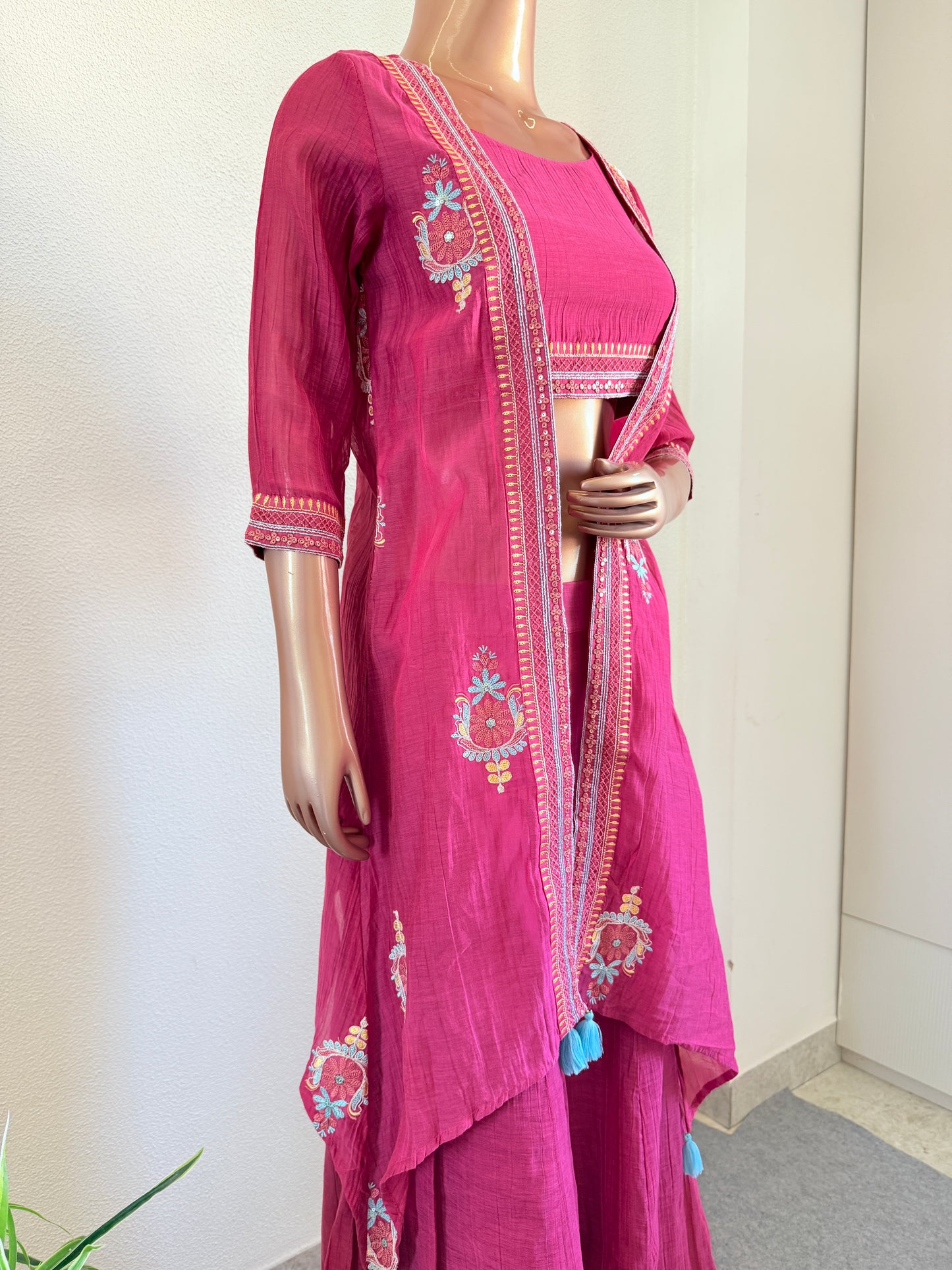 Mul chanderi Crop Top Palazzo Jacket Set