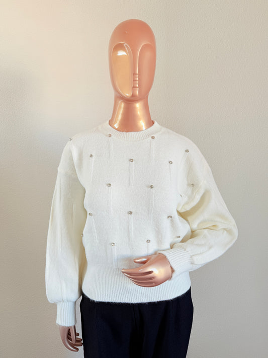 Woollen Top with Diamond Studs - White