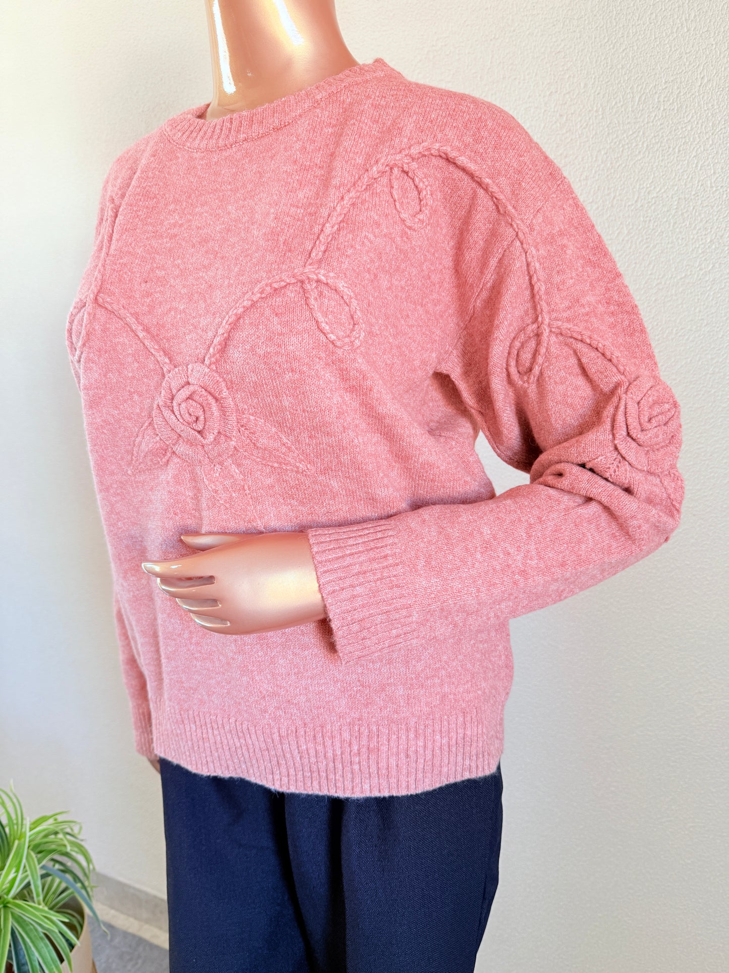 Woollen Top with Rose Detail - Pink