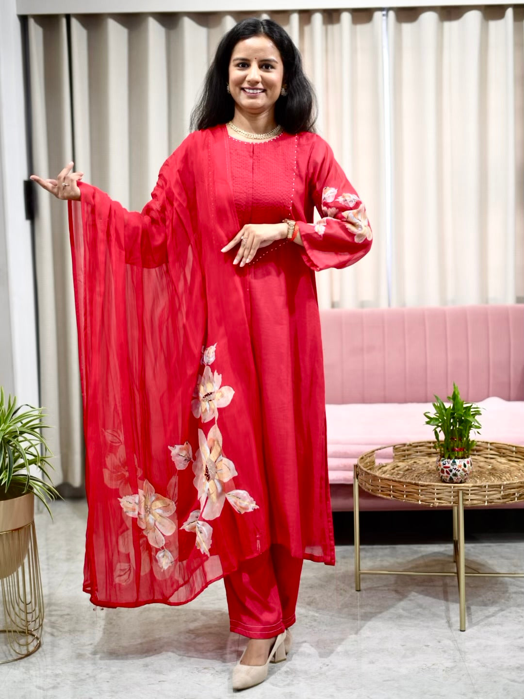 Silk Suit Set with Appliqué work on sleeves