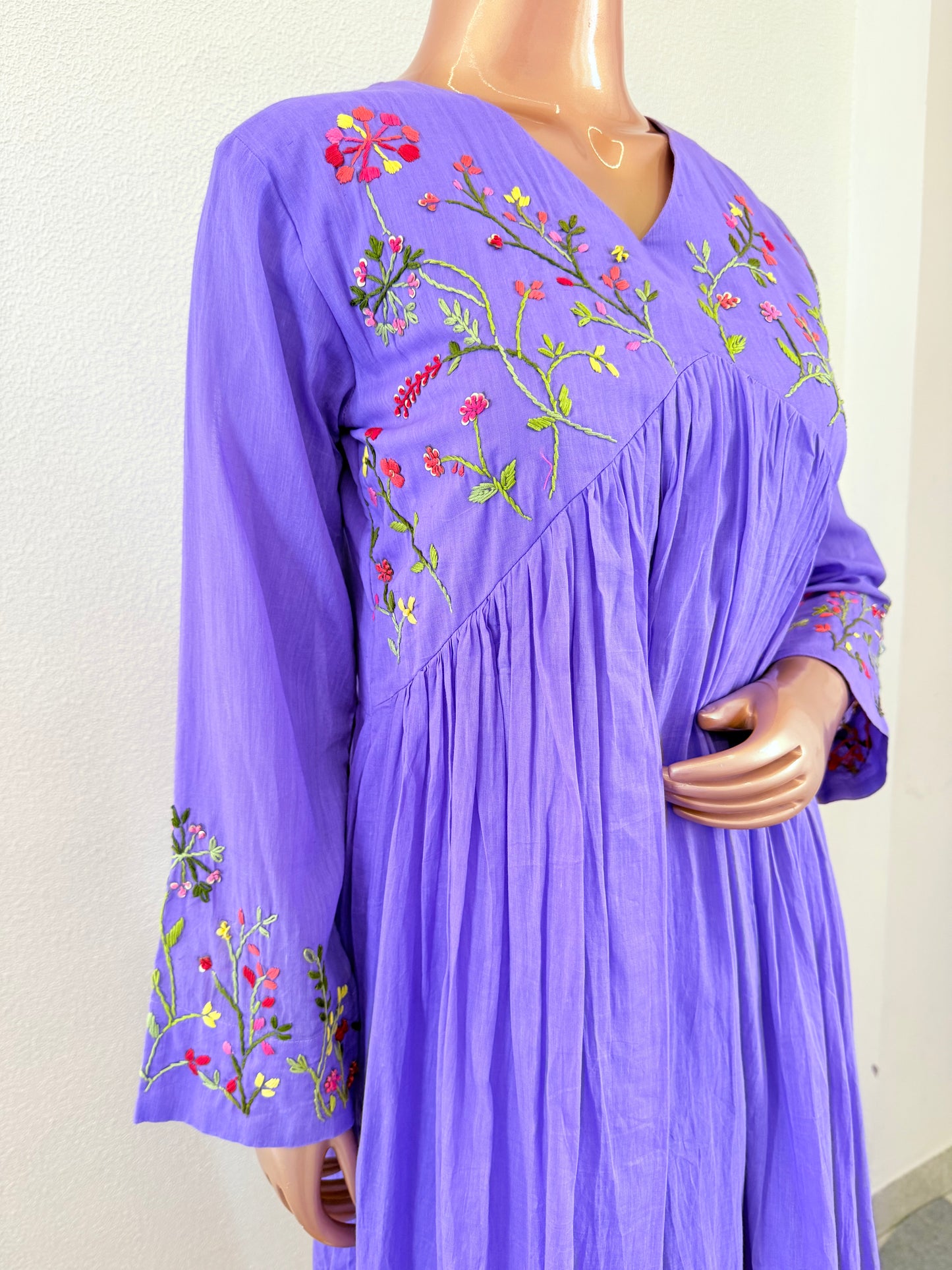 Malai Cotton Frock Suit Set with Hand Embroidery - Purple