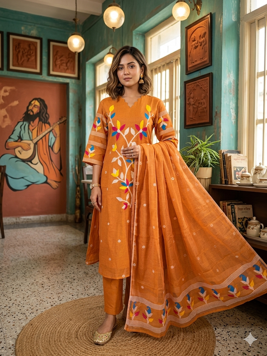 Jamdani  A Line Suit Set with Scalloped Neckline