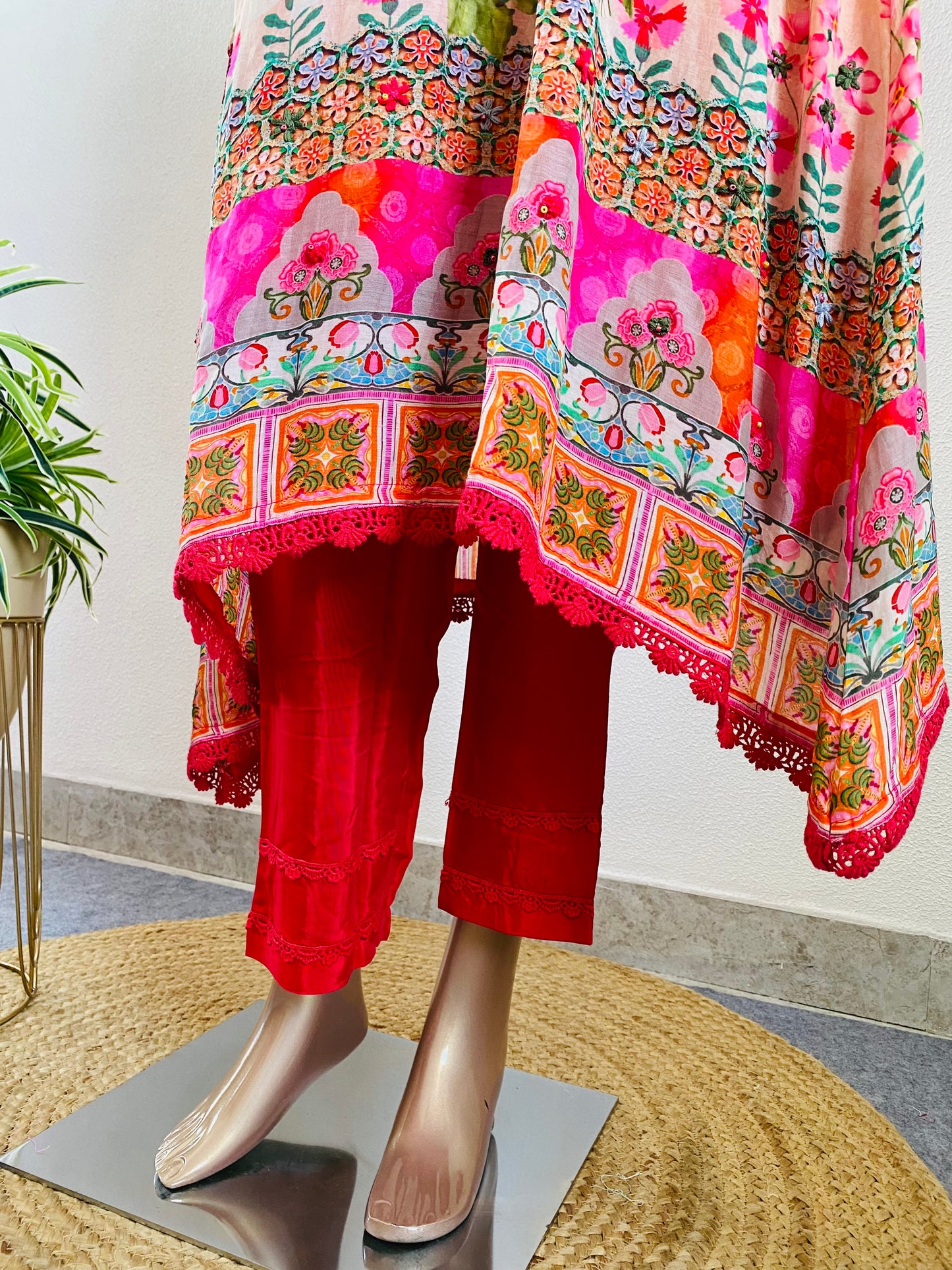 Printed Muslin A-line Suit Set-Red
