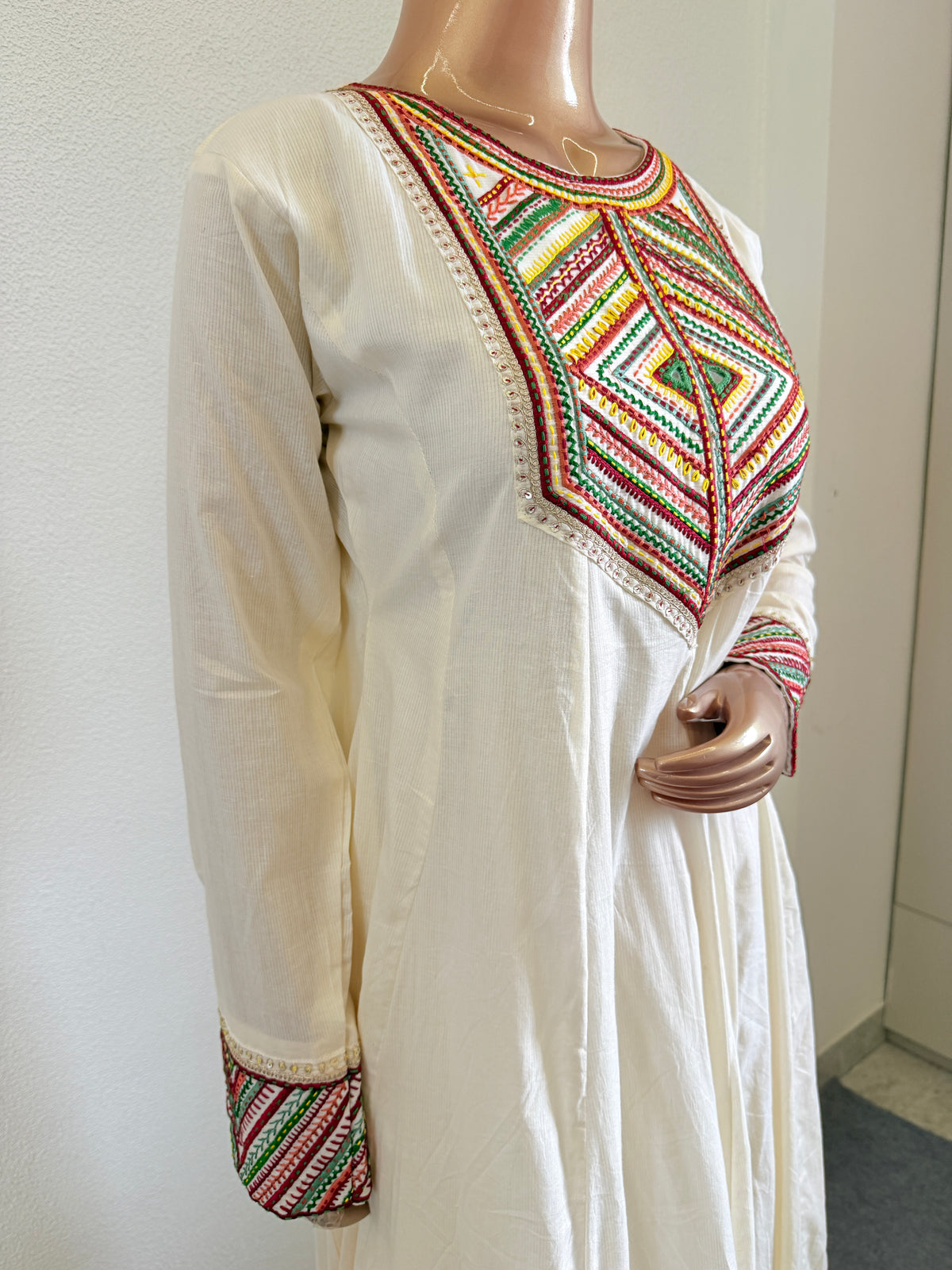 Tribal Embroidered Yoke Anarkali Suit Set with Red Bandhani Dupatta