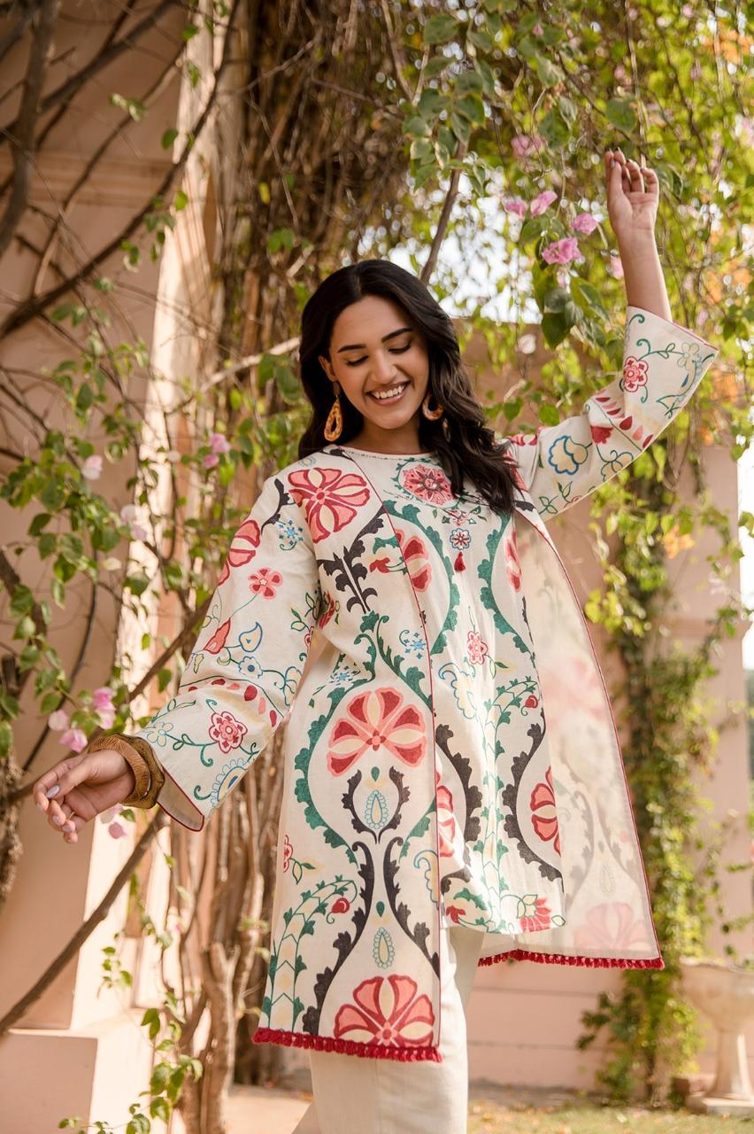 Cotton Flex Jacket 3 Piece Coord Set- White