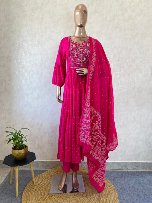 Peacock Embroidered Yoke Mul Cotton Frock suit Set- Pink