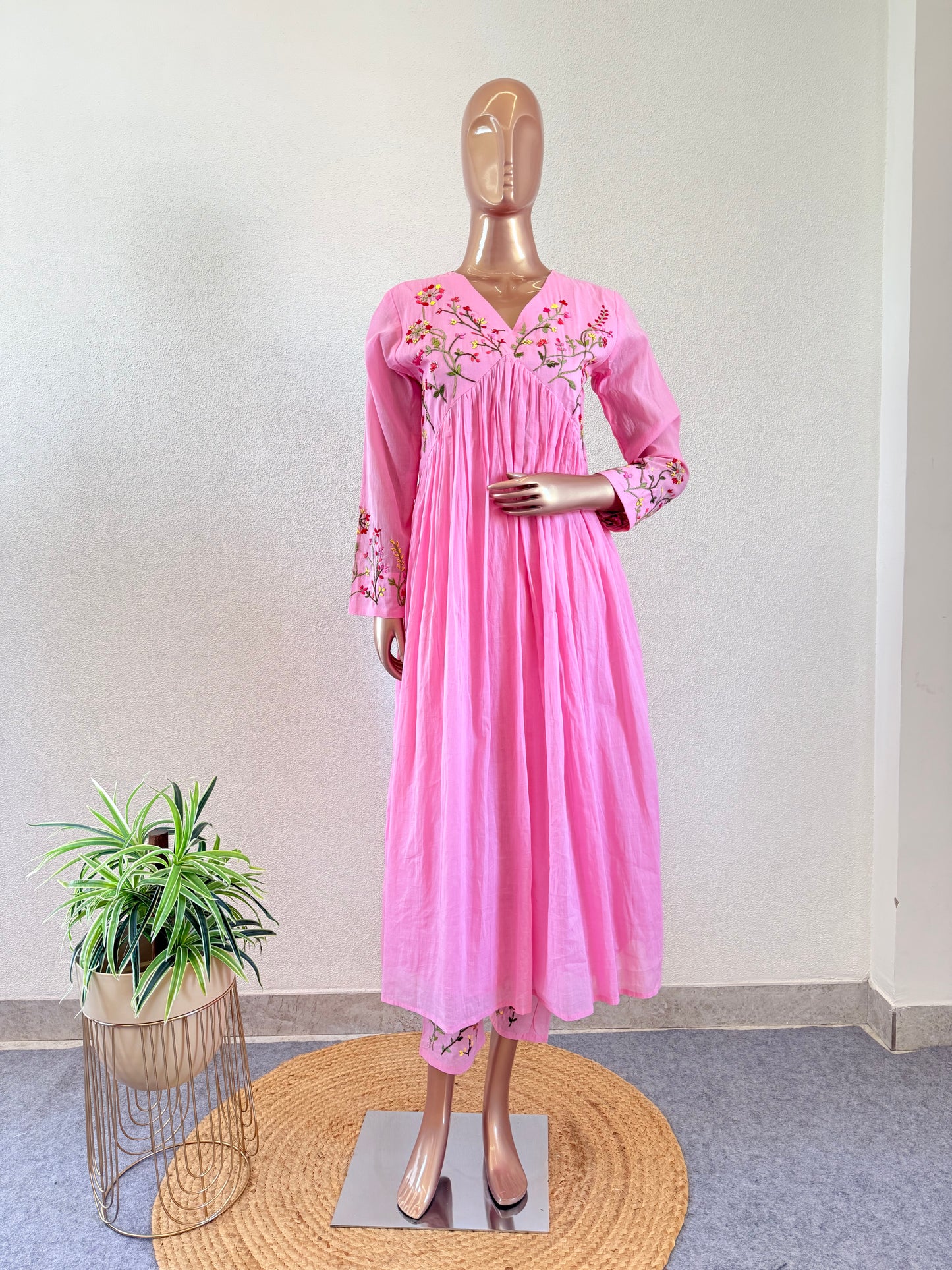 Malai Cotton Frock Suit Set with Hand Embroidery - Pink