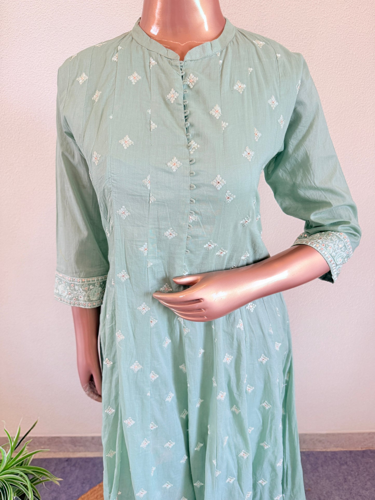 Embroidered Cotton Anarkali Set - Mint