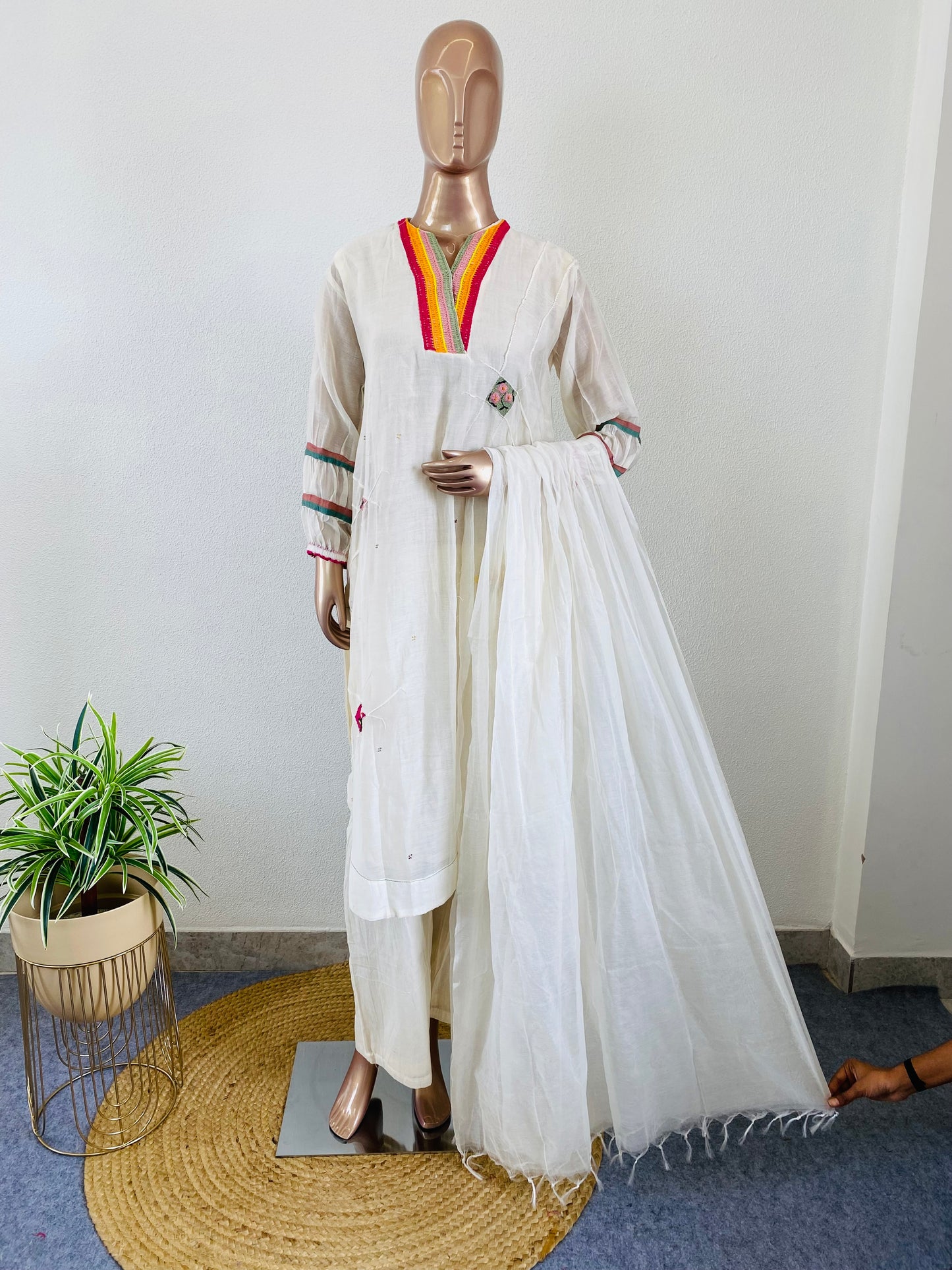 Embroidered Mul Chanderi Suit Set