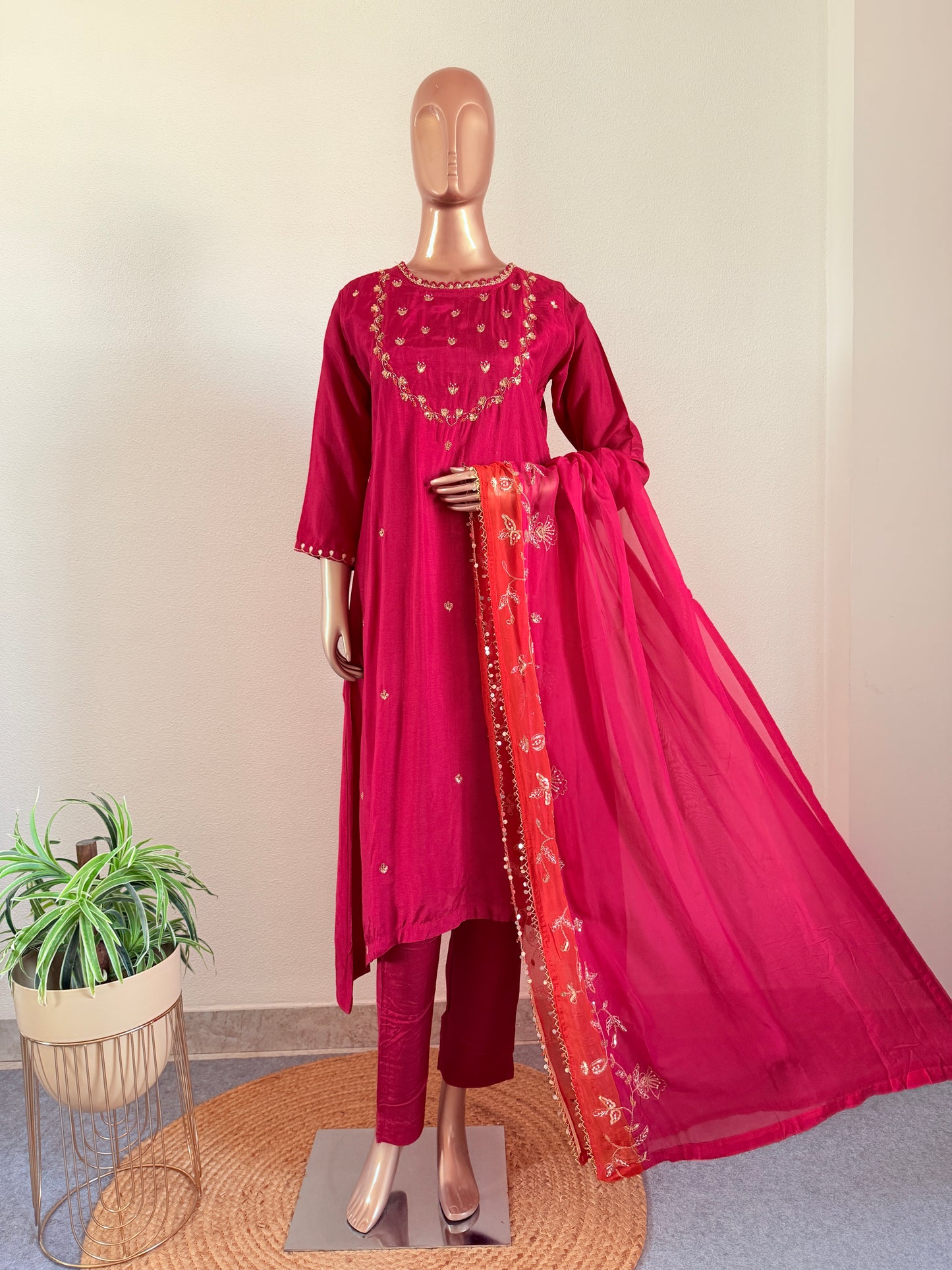 Hand Embroidered Dola Silk Suit Set with Dual Shade Organza Dupatta