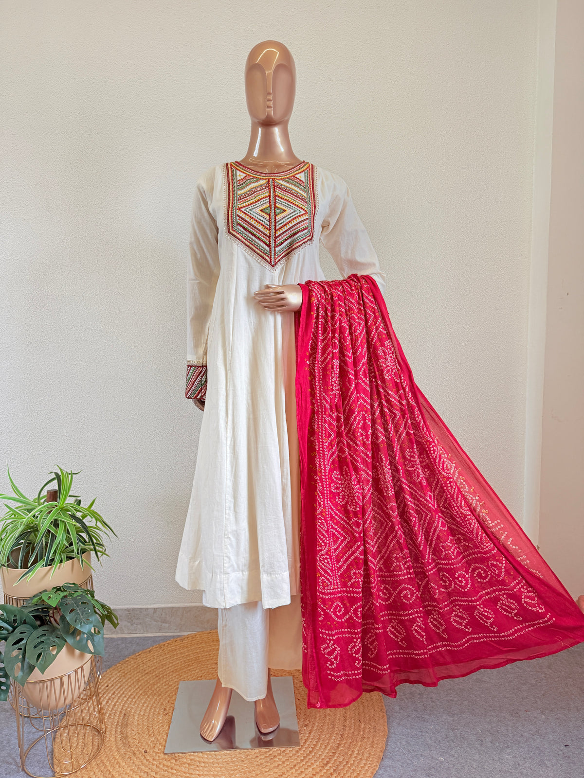 Tribal Embroidered Yoke Anarkali Suit Set with Red Bandhani Dupatta