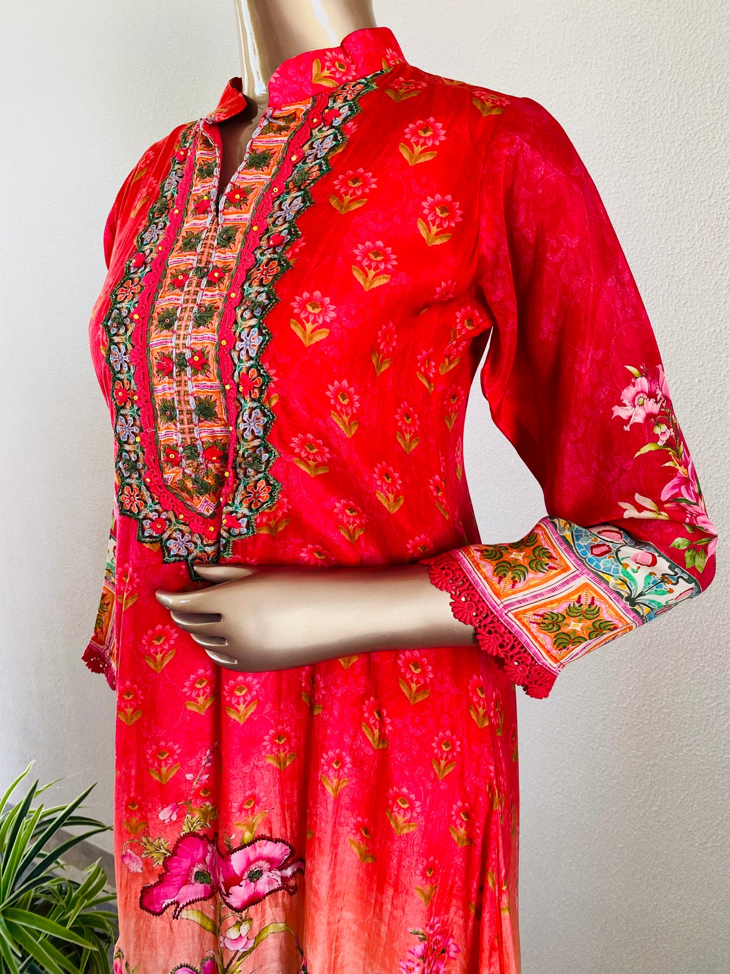 Printed Muslin A-line Suit Set-Red
