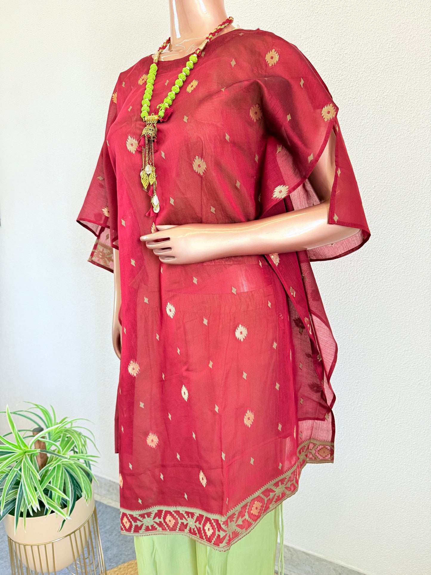 Chanderi Kaftan Indo Western with Neck Piece - Red