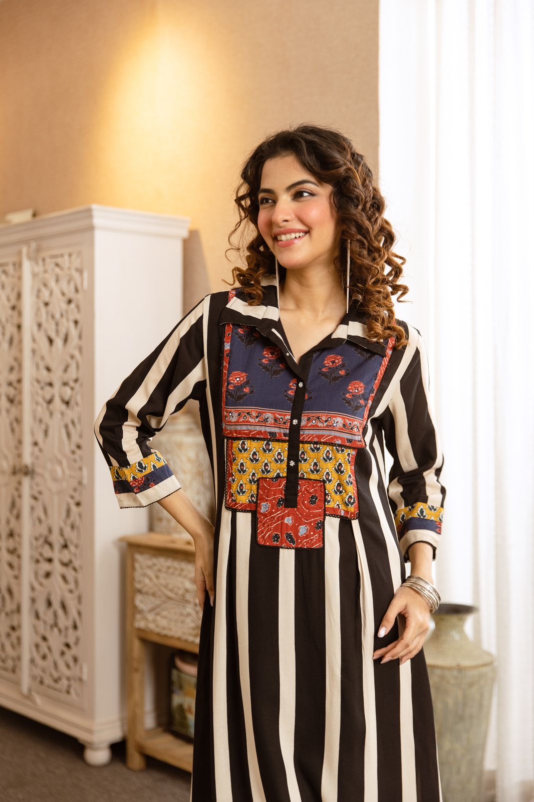 Monochrome Striped Tunic with Patchwork Yoke & Trousers