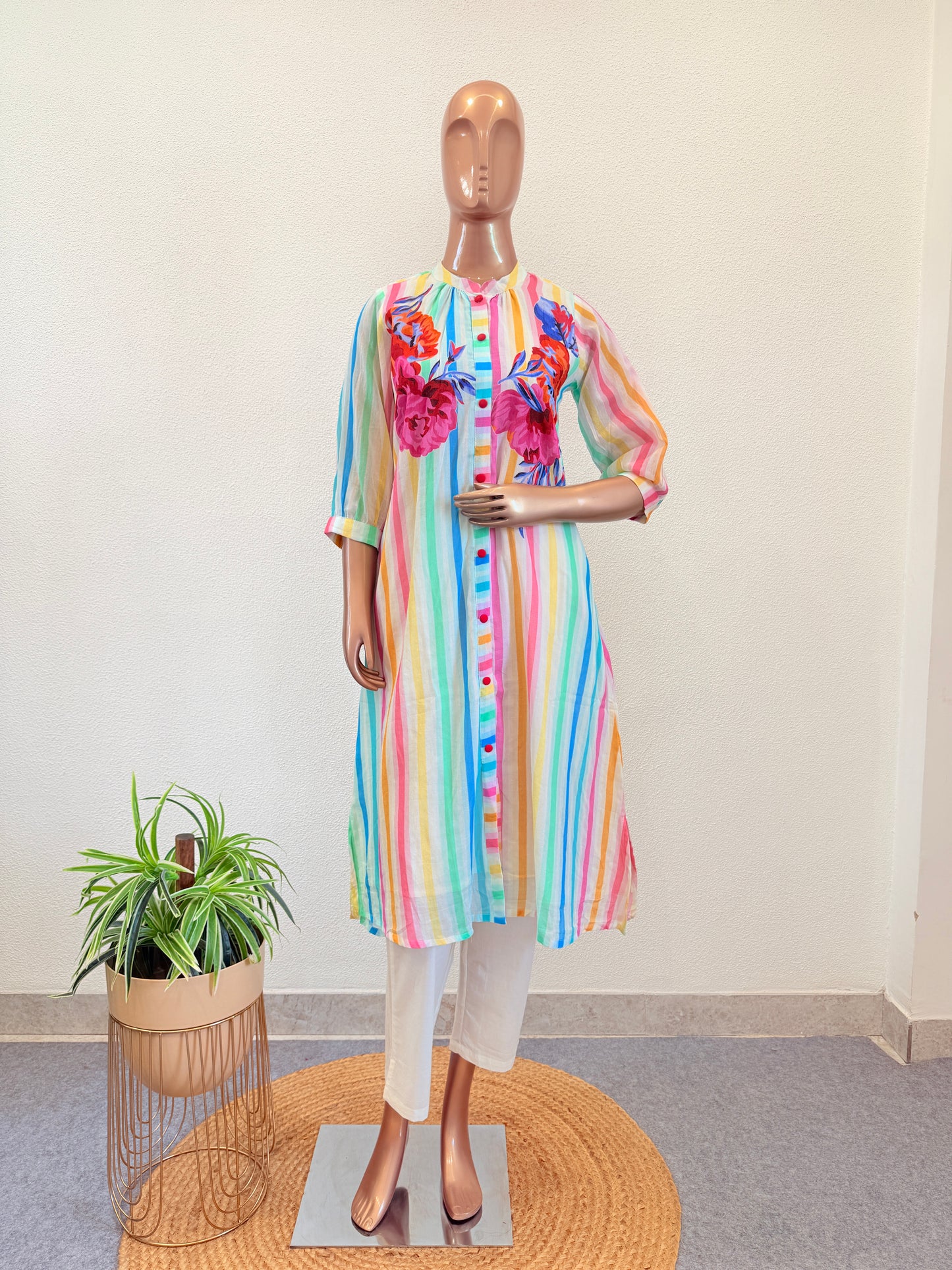 Mul Chanderi Kurta Pant with Strip & Floral Print in Candy Colors