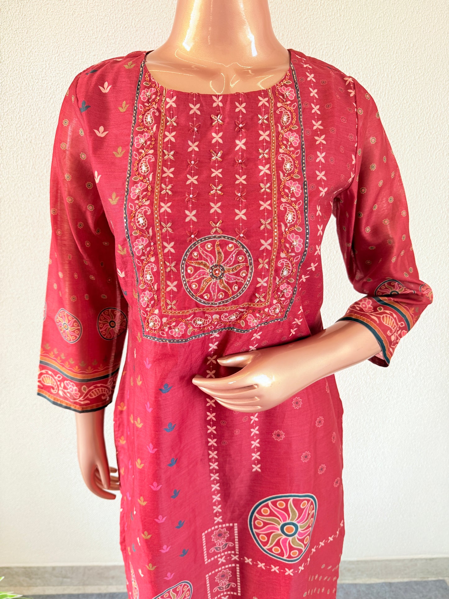 Chanderi Printed Suit Set With Hand Work on Yoke