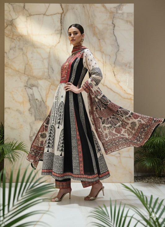 Premium Georgette Frock Suit With Printed Dola Details