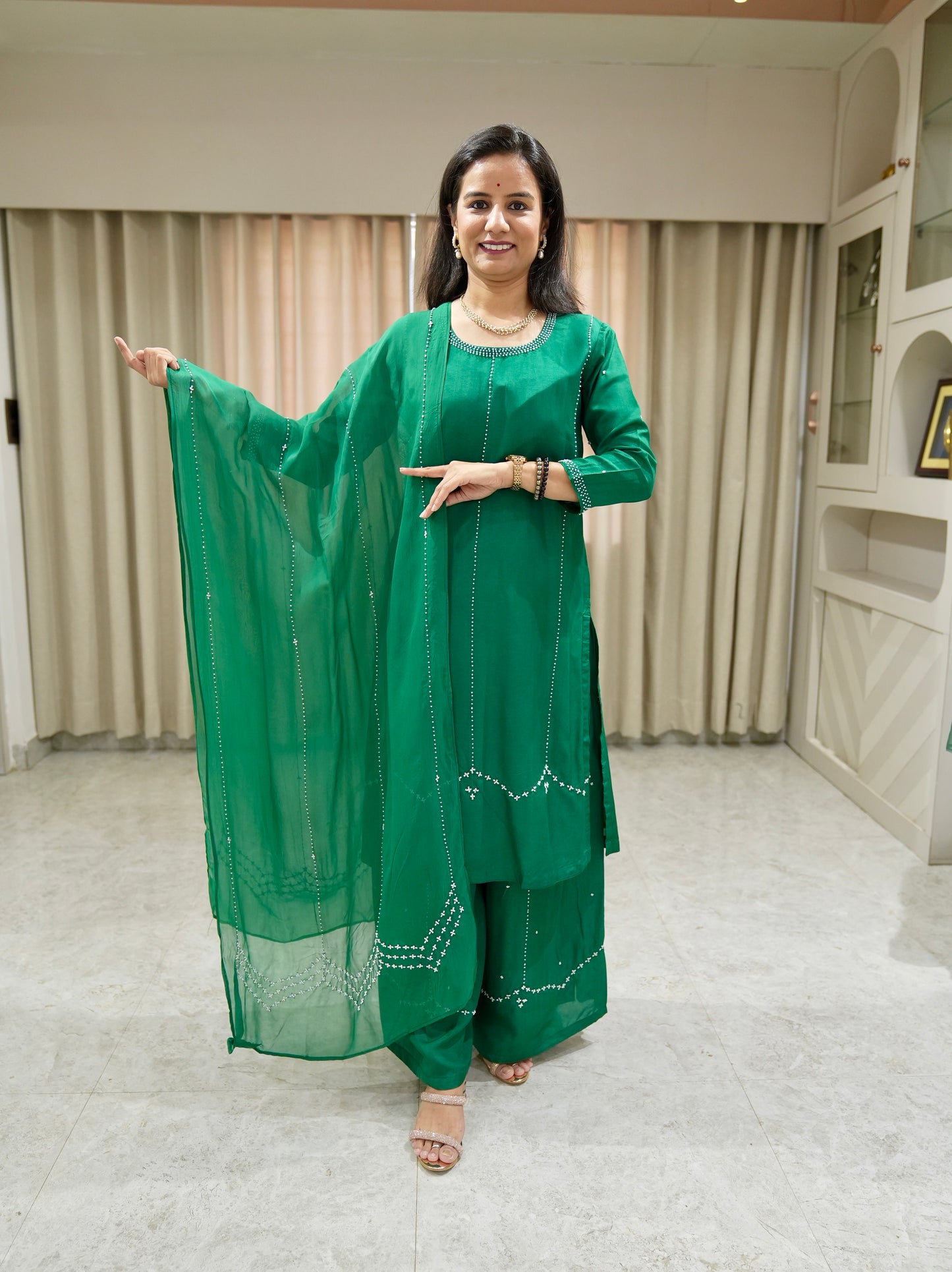 Karishma Dola Silk Premium Palazzo set with Pearl Work