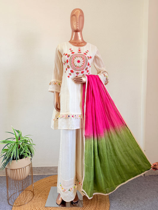 Bohemian Style Kora Cotton Suit with Palazzo and Shaded Dupatta