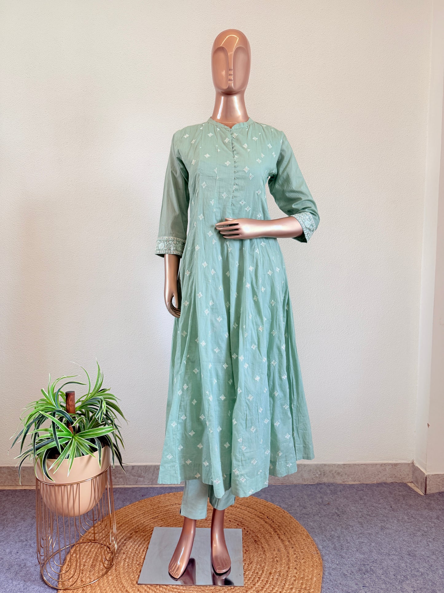 Embroidered Cotton Anarkali Set - Mint