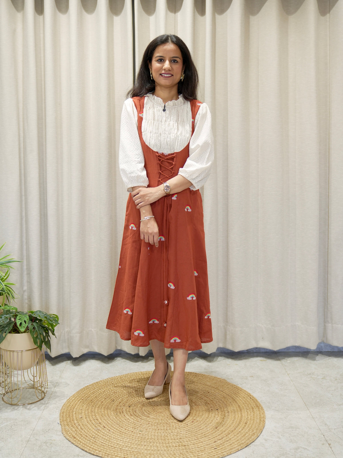 Cotton Flex Tunic with Smoking yoke and Rainbow Motifs