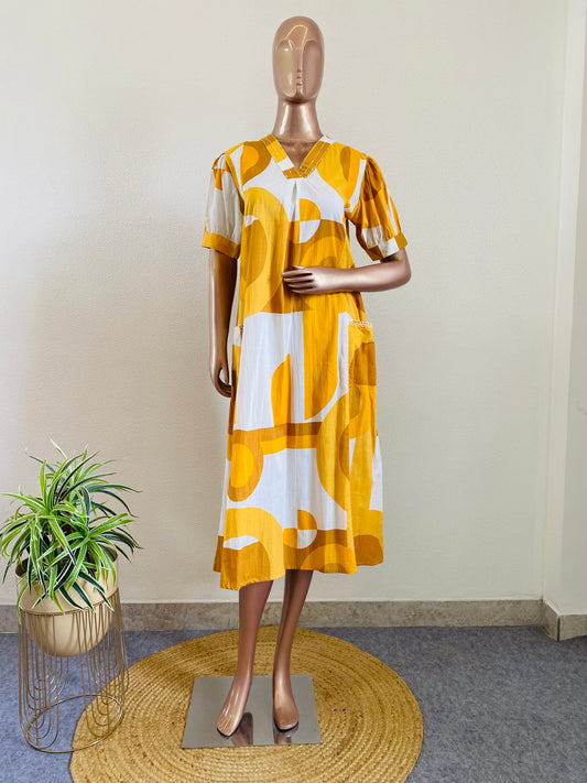 Geometric Print Cotton Tunic - Yellow