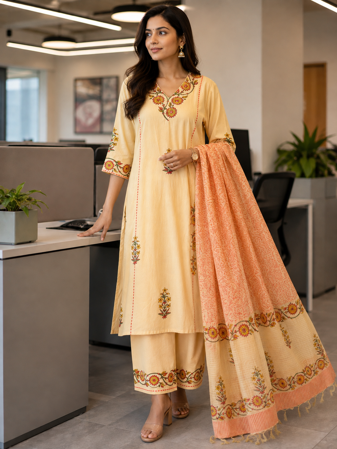 Floral Embroidered V-Neck Kurta Set with Trousers & Printed Kota Doria Dupatta