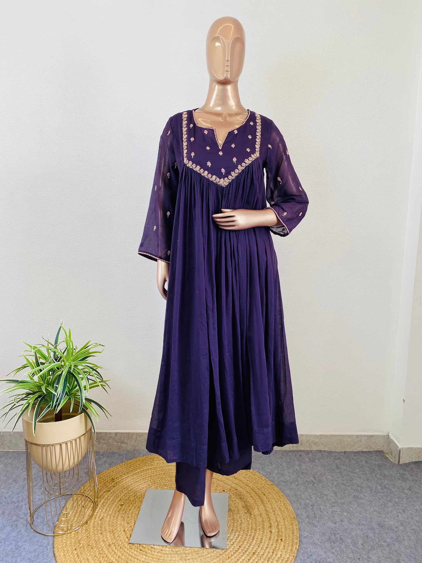Embroidered Yoke Mul Cotton Frock Suit - Purple