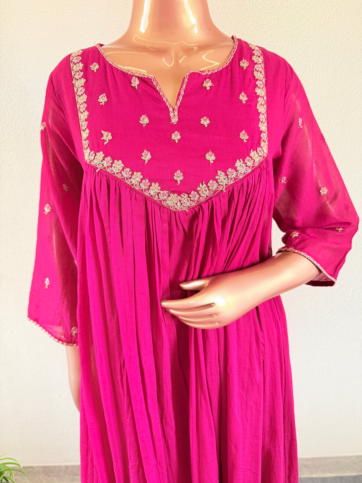 Mul Cotton Frock Suit with Zari Work - Pink